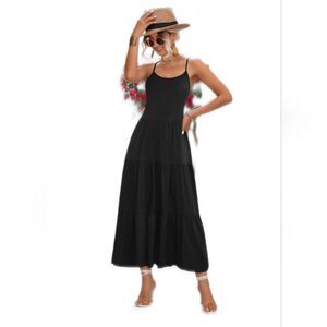 Black Tiered Maxi Dress, Spaghetti Straps, Stretchy, M